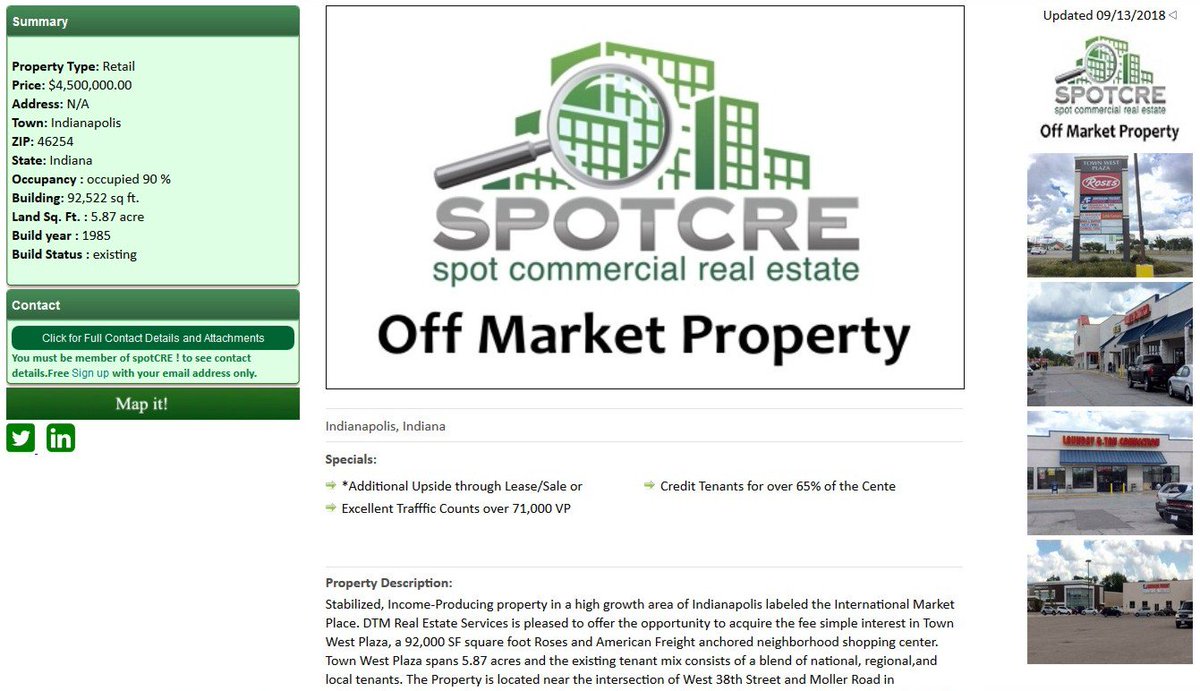 #CRE #Retail for sale in #Indianapolis, #OffMarket property Town West Plaza, a 92,000 SF square foot neighborhood #shopping center, ow.ly/bype30ma9iT