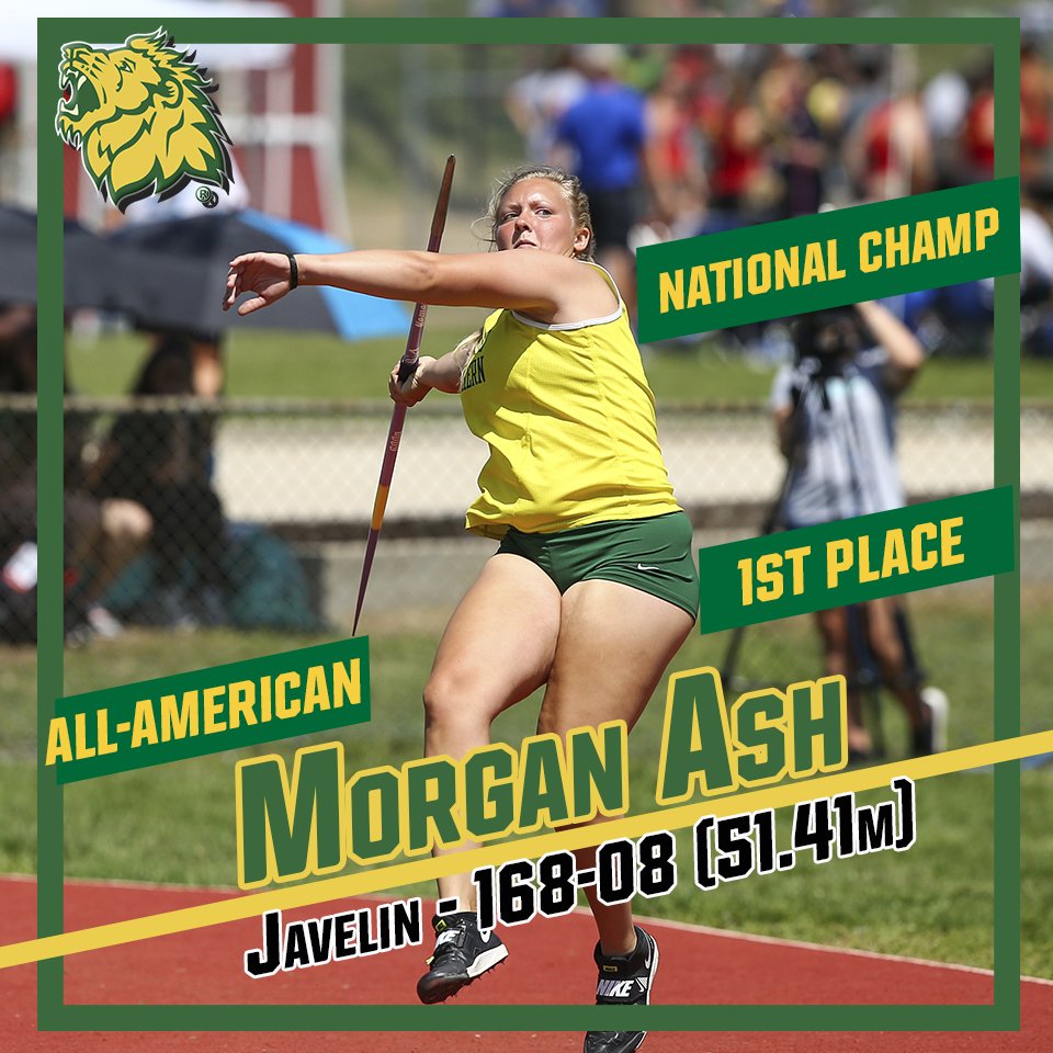 mososports's tweet photo. NATIONAL CHAMPION: @MoSoXCTF - Morgan Ash is the 2019 @NCAADII National Champion in the Javelin with a distance of 168-08 (51.41m). The throw is one inch from her own school record. #ThePride https://t.co/6Re1lryQUr
