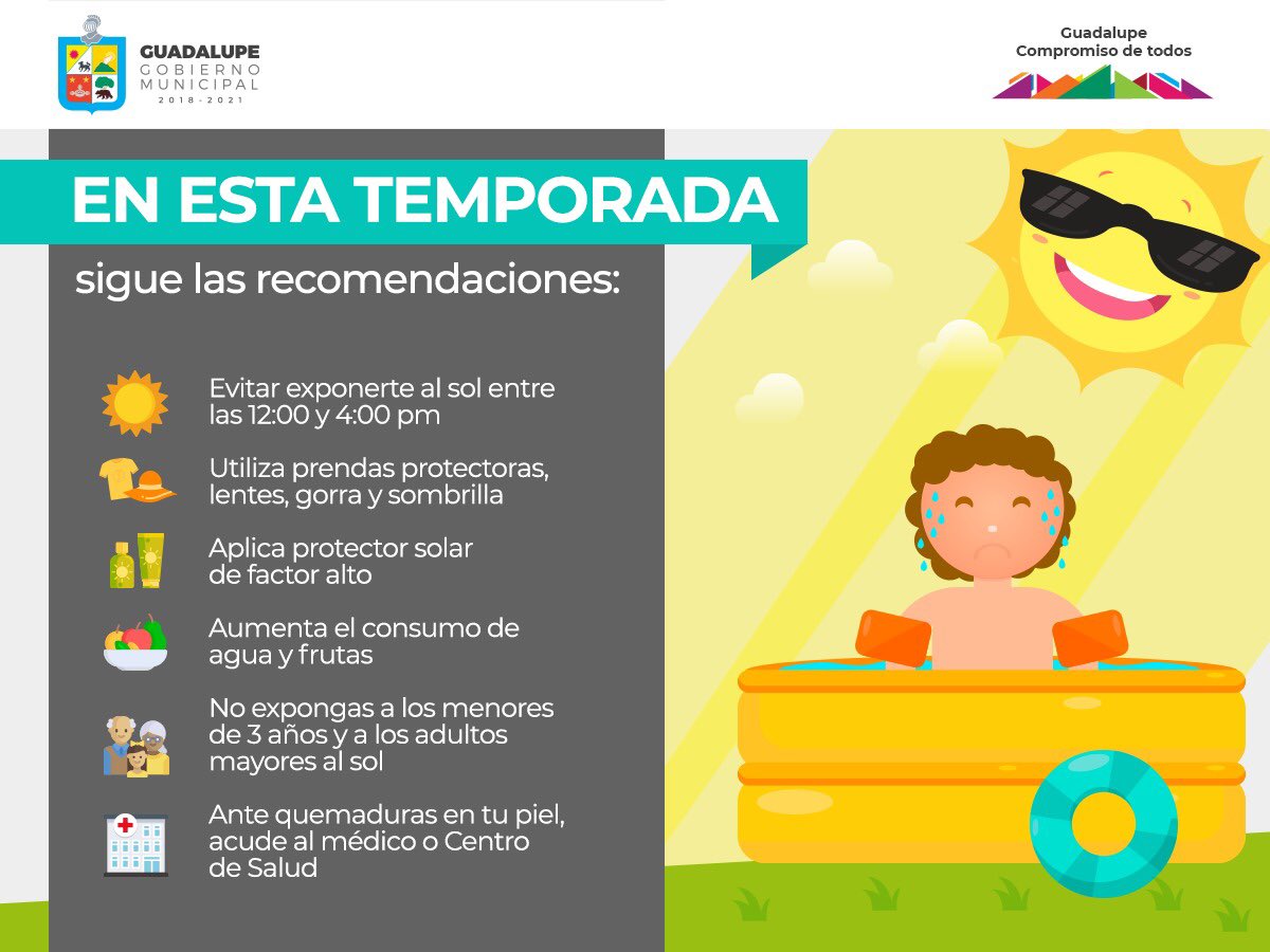 Toma en cuenta las #recomendaciones para protegerte de las altas temperaturas.
Cuida de manera especial a niños y adultos mayores.