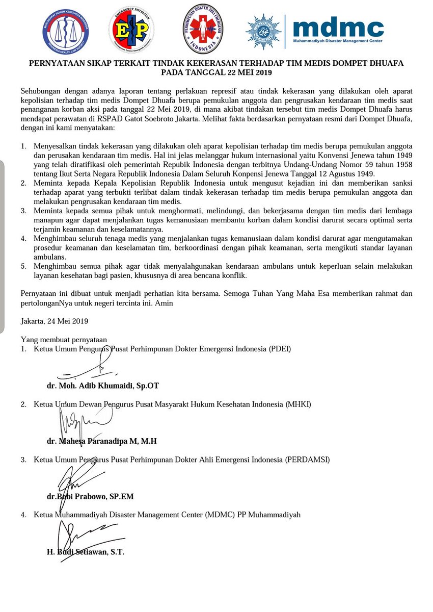 Pernyataan Sikap PDEI - MHKI - PERDAMSI - MDMC. Mengacu pada Konvensi Jenewa.