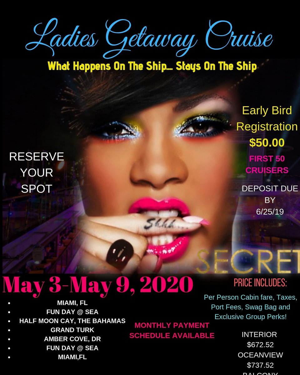 TaJaEvents's tweet photo. The PERFECT GETAWAY &amp; MOTHER'S DAY GIFT for 2020

PLEASE SHARE. A GREAT GIRLS TRIP!!!!
DON'T WAIT TO LATE TO RESERVE YOUR SPOT!! DEPOSIT EXTENDED UNTIL June 25, 2019
Ladies, here is our Ladies Getaway Cruise 2020.
Visit 👉https://t.co/ZZYsBHTz0w👈
This is going to be a AWESOME. https://t.co/sJ7DfxQ5uH