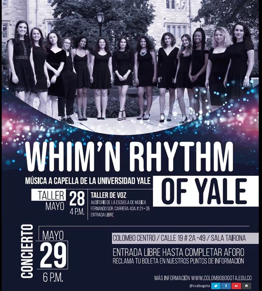 La Escuela Fernando sor y el Centro Colombo Americano presentan al grupo de a capela Whim´n Rhythm of Yale de Estados Unidos en una clase maestra de canto el próximo 28 de Mayo a las 4:00pm en el Auditorio de Música de la Escuela Fernando Sor.
Entrada Libre hasta completar aforo