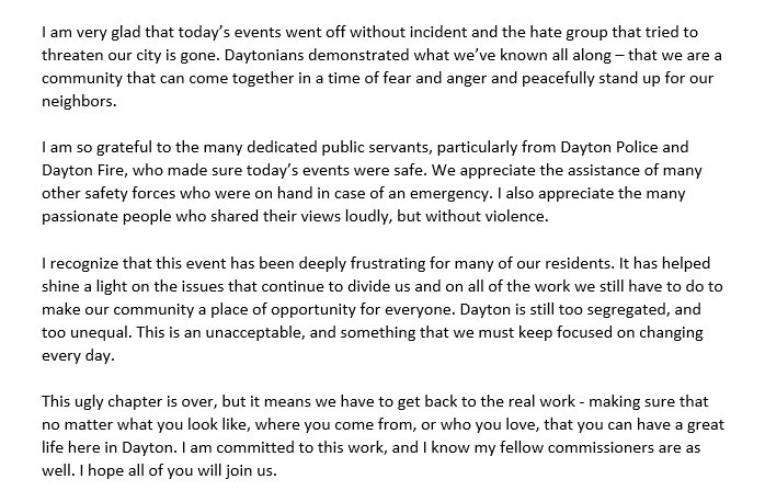 nanwhaley's tweet photo. This ugly chapter is over, but it means we have to get back to the real work - making sure that no matter what you look like, where you come from, or who you love, that you can have a great life here in Dayton. Please see my full statement below. #UnitedAgainstHateDYT https://t.co/25JyRCjZRY