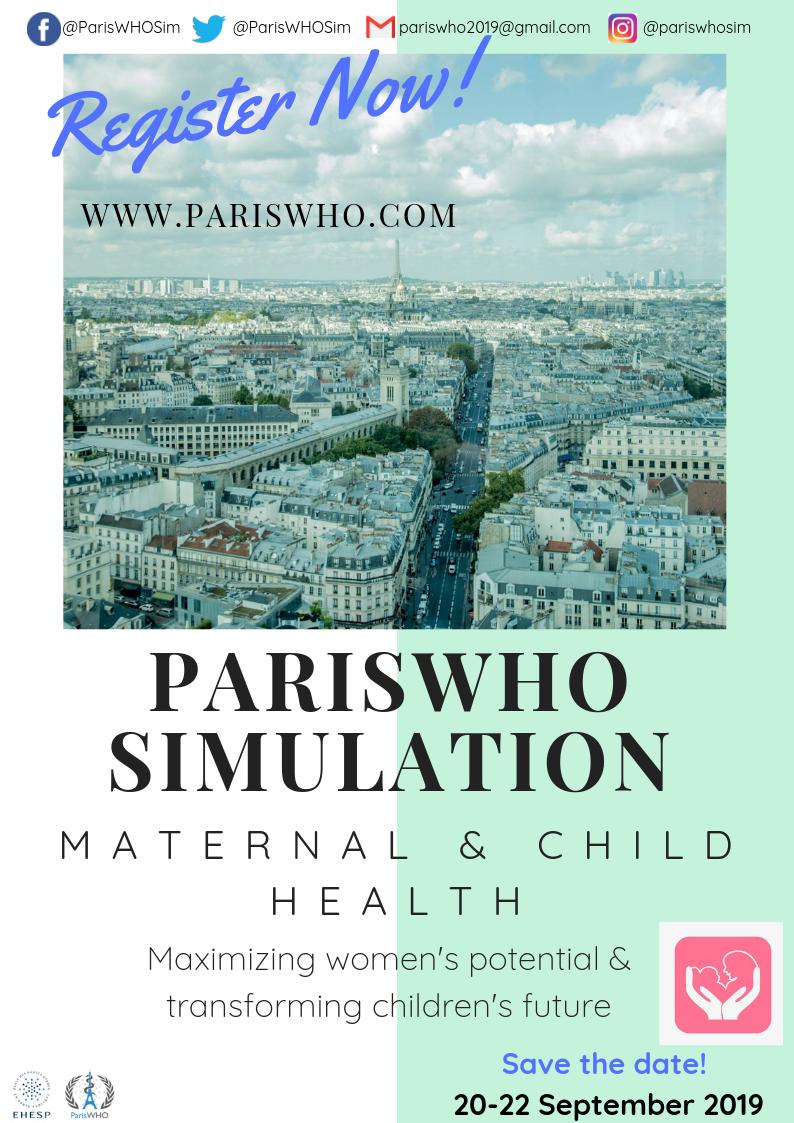 ParisWHOSim's tweet photo. Registrations are officially open for ParisWHO 2019!!!! We have a few early bird tickets, so you better register now! #pariswhosim #paris #maternalandchildhealth #publichealth #EHESP

https://t.co/UMeKkpLt5N https://t.co/PiH0dsIxV6
