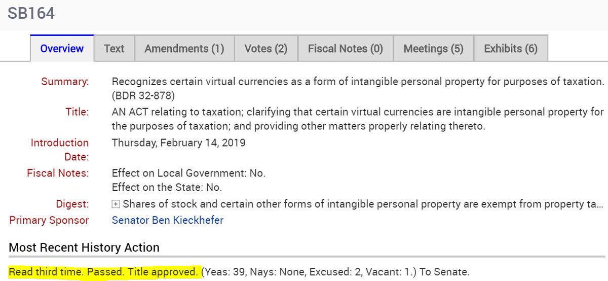 BlockchainsInc's tweet photo. #NVLeg Assembly passed two blockchain-focused bills, SB163 (authorizes businesses to store records on a #blockchain) and SB164 (exempts certain virtual currencies from taxation). #Nevada, we are so close to the finish line! #NVTech https://t.co/DlY54ashci