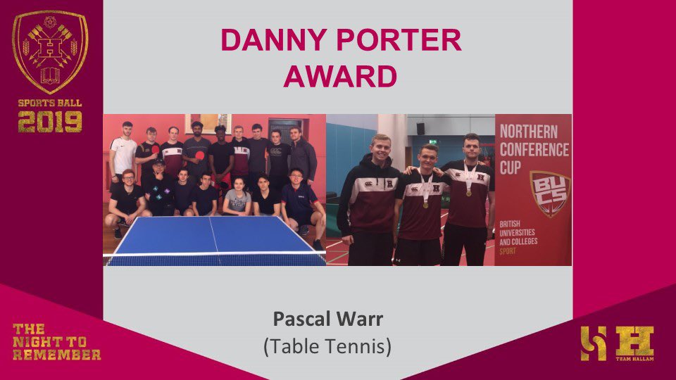 Our Danny Porter Award is awarded to <a href="/WarrPascal/">Pascal Warr</a> of <a href="/SHUTableTennis/">Hallam Table Tennis</a> for outstanding contribution to Table Tennis at <a href="/sheffhallamuni/">Sheffield Hallam University</a> a true inspiration of hard work, dedication and commitment to his sport and university! #Sportsball2019