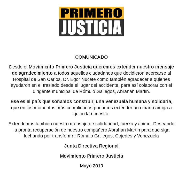 CojedesPJ_'s tweet photo. Desde @Pr1meroJusticia enviamos un mensaje de agradecimiento a todos aquellos ciudadanos que se preocuparon y colaboraron con nuestro compañero @AbrahanMartin. Deseamos su pronta recuperación. ¡Seguimos!🇻🇪 https://t.co/GbZERkuDe3