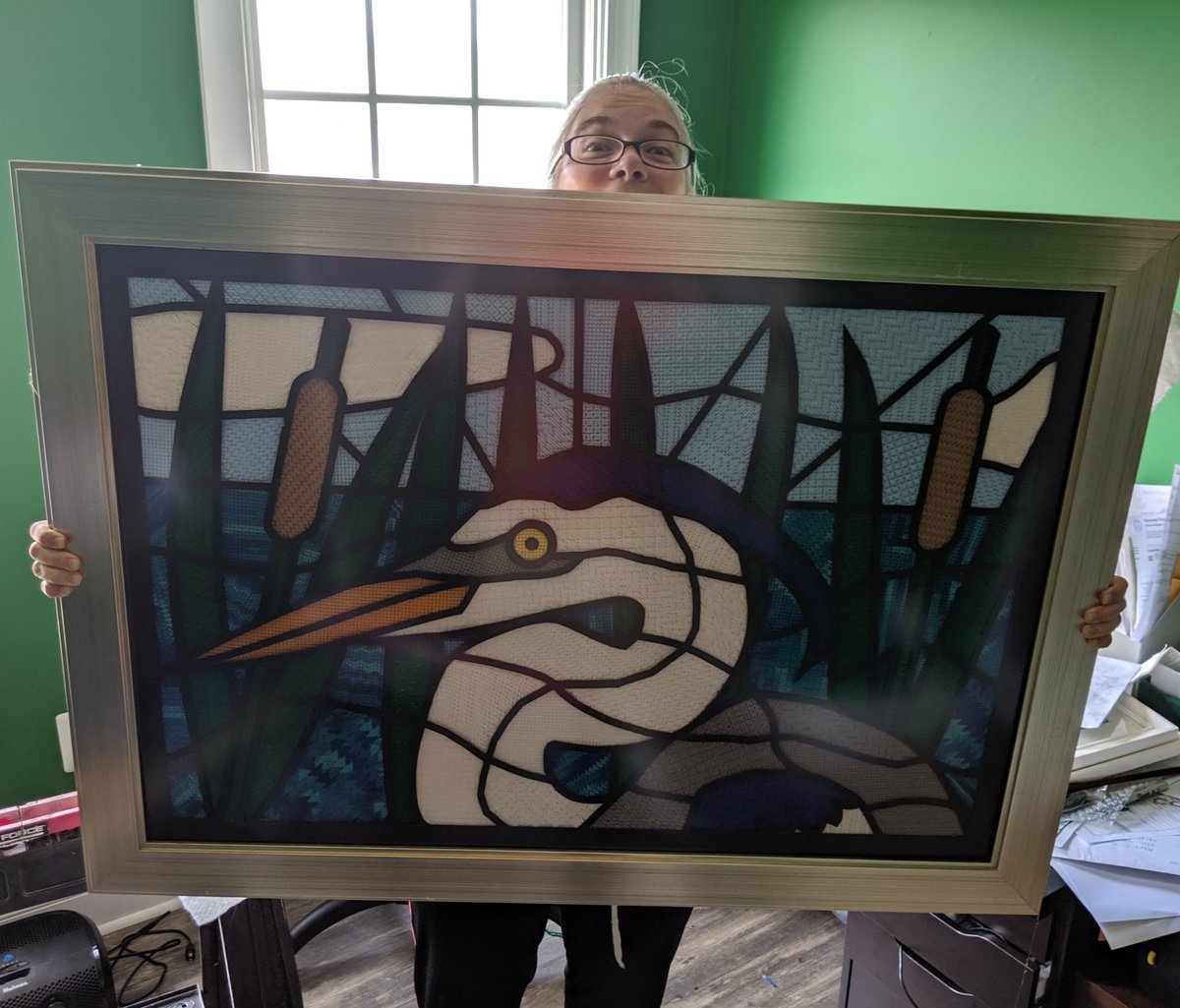 TGAW's tweet photo. Fueled by the energetic music of Gogol Bordello and Me First &amp; the Gimmes Gimmes, I now have an assembled Great Blue Heron Needlework/3D Printing piece!  This is my largest contribution to @makerfairenova yet! #3DPrinting #PlasticCanvas #GreatBlueHeron https://t.co/ypgv6UKGVo