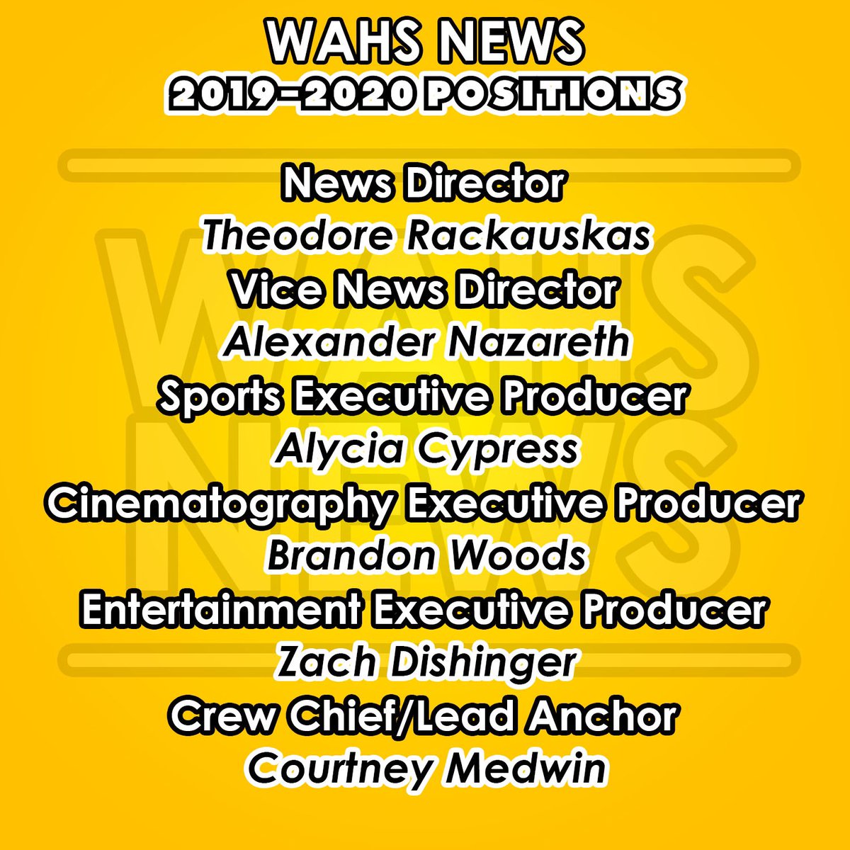WAHSTV's tweet photo. Say hello to the new WAHS News crew for the 2019-2020 school year! We can’t wait to see what this new year brings 😁 #WAHSUp🙌 (sorry for the repost) https://t.co/lmfAsypBnH