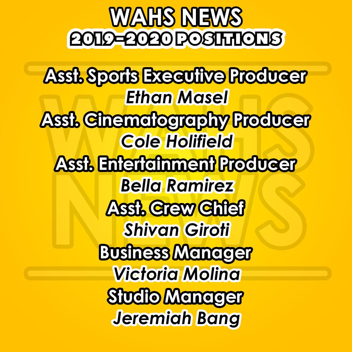 WAHSTV's tweet photo. Say hello to the new WAHS News crew for the 2019-2020 school year! We can’t wait to see what this new year brings 😁 #WAHSUp🙌 (sorry for the repost) https://t.co/lmfAsypBnH