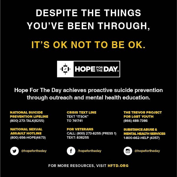 VansWarpedTour's tweet photo. May is mental health month. Join @HopeForTheDay in breaking the silence to remind our friends and ourselves, IT’S OK NOT TO BE OK. 
ℹ get involved at https://t.co/C4zikNdPs3

#ItsOkNotToBeOk https://t.co/pqjjzj9CSb