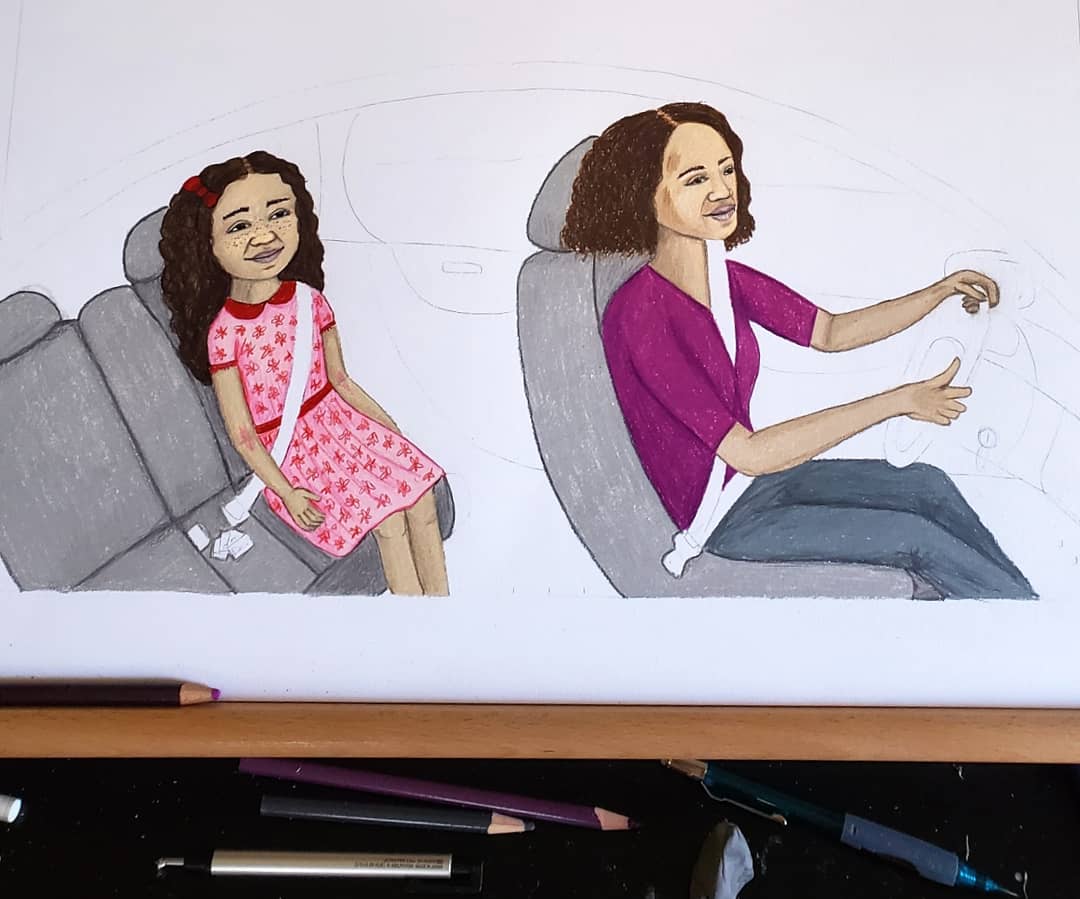 RachelFia's tweet photo. #workinprogress of a double page spread in a #childrensbook #manuscript that I'm illustrating about a #biracial girl with eczema who goes to the #dermatologist.  Here's the car ride with the mom who has #melasma.  Drawn with @PrismacolorUS #coloredpencils https://t.co/j29rl3NHp0