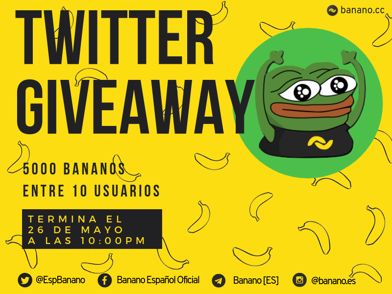 banano_es's tweet photo. Banano Twitter Giveaway 

Participa en este nuevo sorteo , De 5000 Bananos 
500 Bananos para 10 personas  Si quieres participar sigue estos pasos

1. Seguir a  @bananocoin  y @EspBanano 
1. Like y Retwitt este post
3. Comenta  A que precio llegara banano en unos años 
#Giveaway https://t.co/A2dhjH5ydU