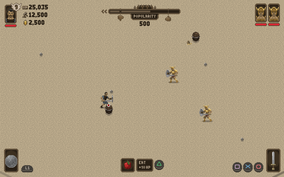 superwmelon's tweet photo. Fleshing out the HUD design for #legendsofrome shows your popularity with the crowd, XP, value and wealth along with your weapons and enemies. Quite happy with the way it's coming along. #pixelart #gamedev #indiedev #indiegame #screenshotsaturday https://t.co/VbJs9hEkLL