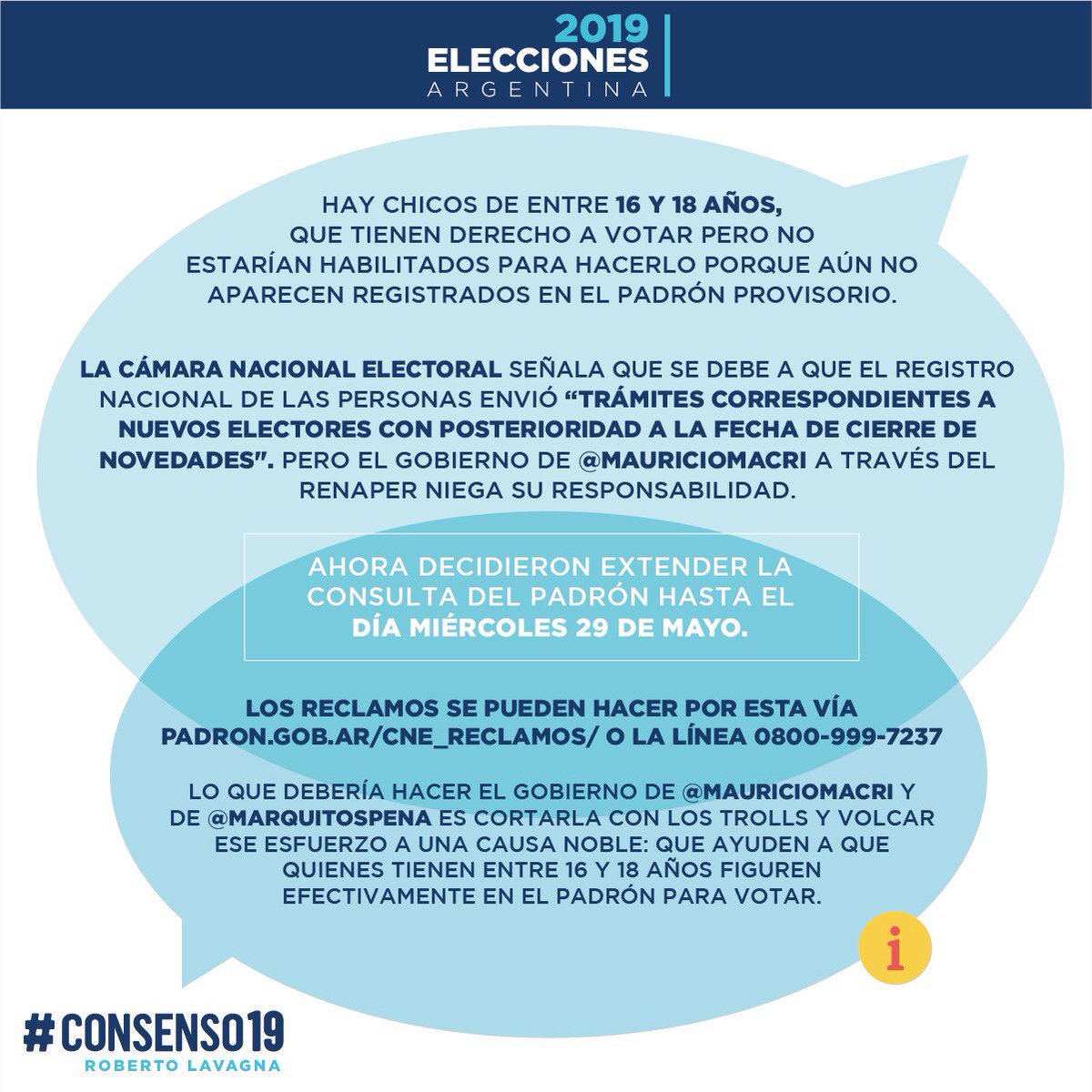 RLavagna's tweet photo. Es vital que todos tengamos la oportunidad de decidir. Tenemos el derecho a elegir. La búsqueda en el padrón se puede realizar ingresando a https://t.co/CQRgs2jSUP o a través del 0800-999-7237. https://t.co/NMSNYIXnPO