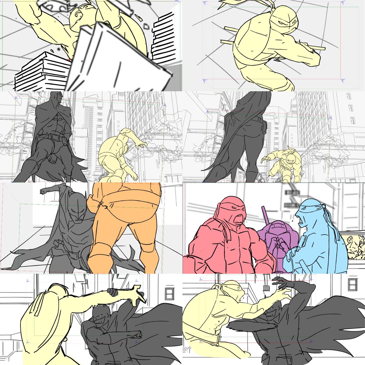 Some storyboard panels from #wbanimation “Batman vs. TMNT” movie that I worked on a bit ago! Directed by @jakecastorena. Batman assessing the team...Batman and #TMNT in one movie fighting each other for a bit?!?! My inner child SQUEALS Lol. #animation #storyboards #nickelodeon