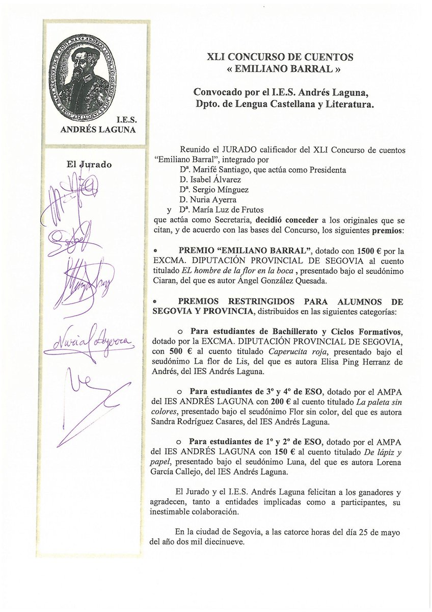 IESAndresLaguna's tweet photo. 41 edidcion del concurso de cuentos Emiliano Barral. Acta de premiados 2019. https://t.co/aI4nK5MZXS https://t.co/BAbYgv1OEE