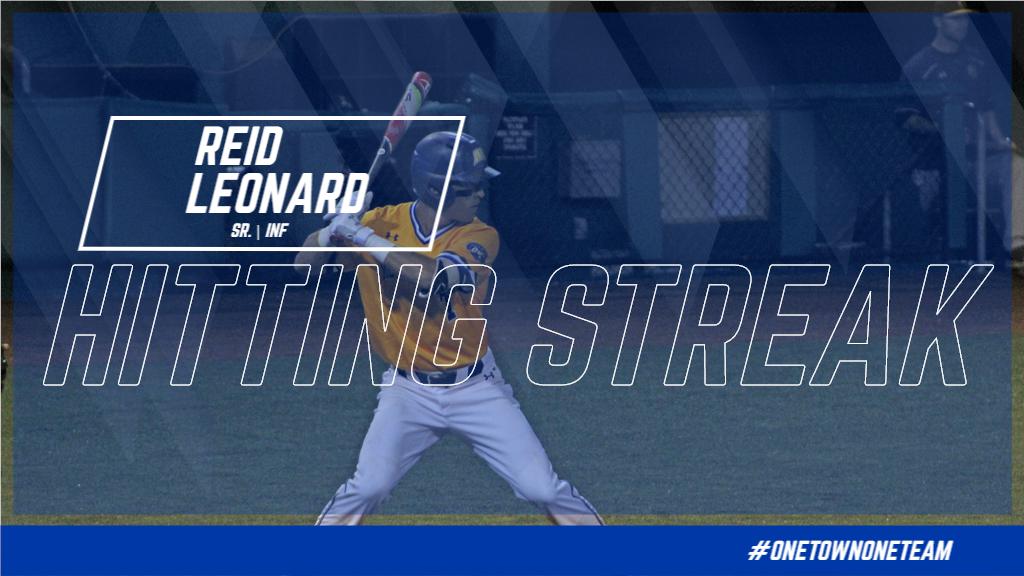 MSUEaglesLive's tweet photo. BASE: JSU 8, MOR 1 | TOP SEVEN

The hitting streak continues for Reid Leonard as he's picked up a hit in now 2⃣2⃣ straight games. #OneTownOneTeam #OVCBase https://t.co/Oz8uoZn1pA