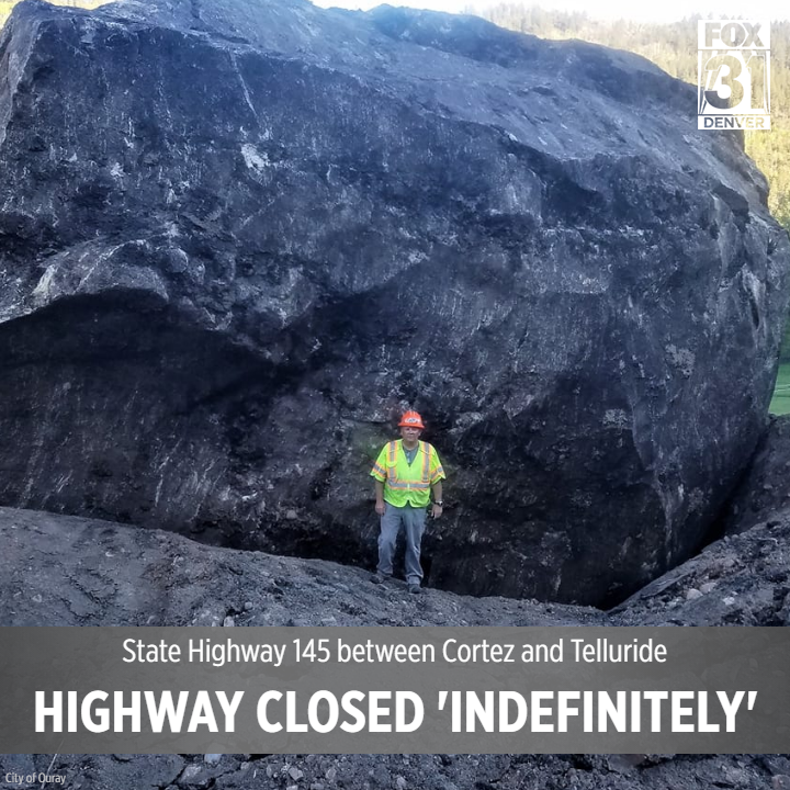 UPDATE:  The boulder on the highway is estimated to weigh 2.3 million lbs. The boulder that crossed the highway blew out an 8 ft. trench is estimated to weigh 8.5 million lbs.