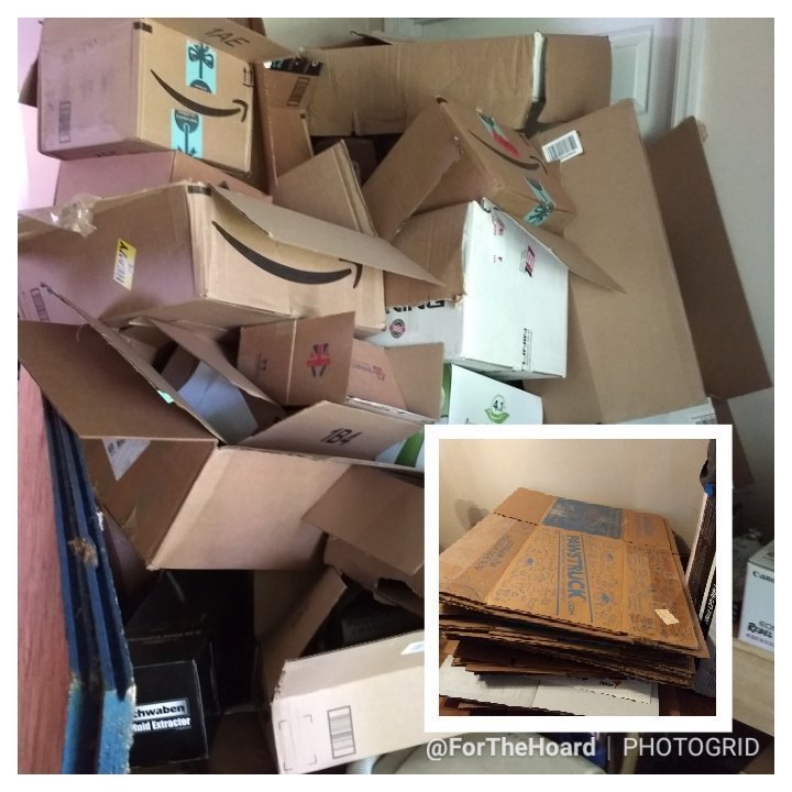 ForTheHoarder's tweet photo. A follow up to last weekend's box-flattening marathon. Trying to regain space by collapsing shipping boxes. #hoarding #clutter #decluttering #housecleaning #adhd #WhatICanDoNow https://t.co/uP238ydeSA https://t.co/5Frl08miAK