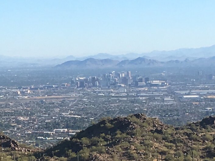 RogeriMPoster's tweet image. Had more time for hiking today, so ascended South Mountain until I could hear the microwave antennas humming.  The view of the Valley is worth the cancer I’m sure. There wasn’t a cloud in the sky, just Phoenix smog.