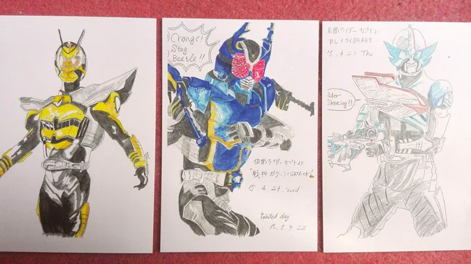 ガタックきたぁぁぁ!
キックホッパーきたぁぁぁ‼

カブトの登場は来週か…(*・ω・)
カブト描くのが難しい?と思った✨

#絵描きさんと繋がりたい
#仮面ライダージオウ 
#仮面ライダーカブト 