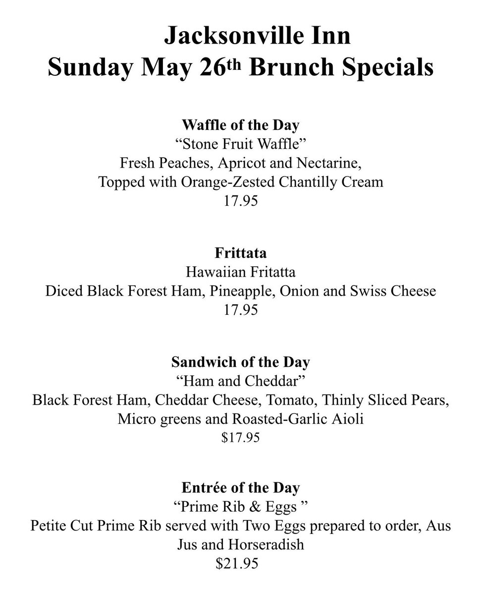 JvilleInn's tweet photo. Sunday brunch specials! Reservations recommended! https://t.co/FtIYIQyBE4
