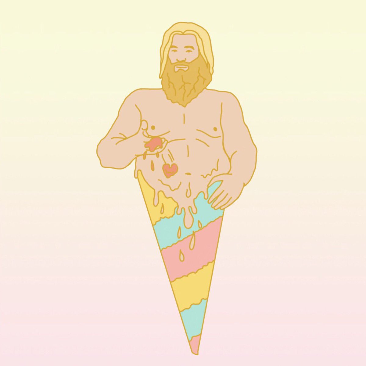 [pls help RT!!]
PREORDERS are up for this enamel pin of fat thor from marvel’s avengers: endgame!! 🍦😋 go the the storenvy/etsy link in my bio! 
—
“melted god”
- hard enamel
- 2.6cm x 5.5cm
- gold plating