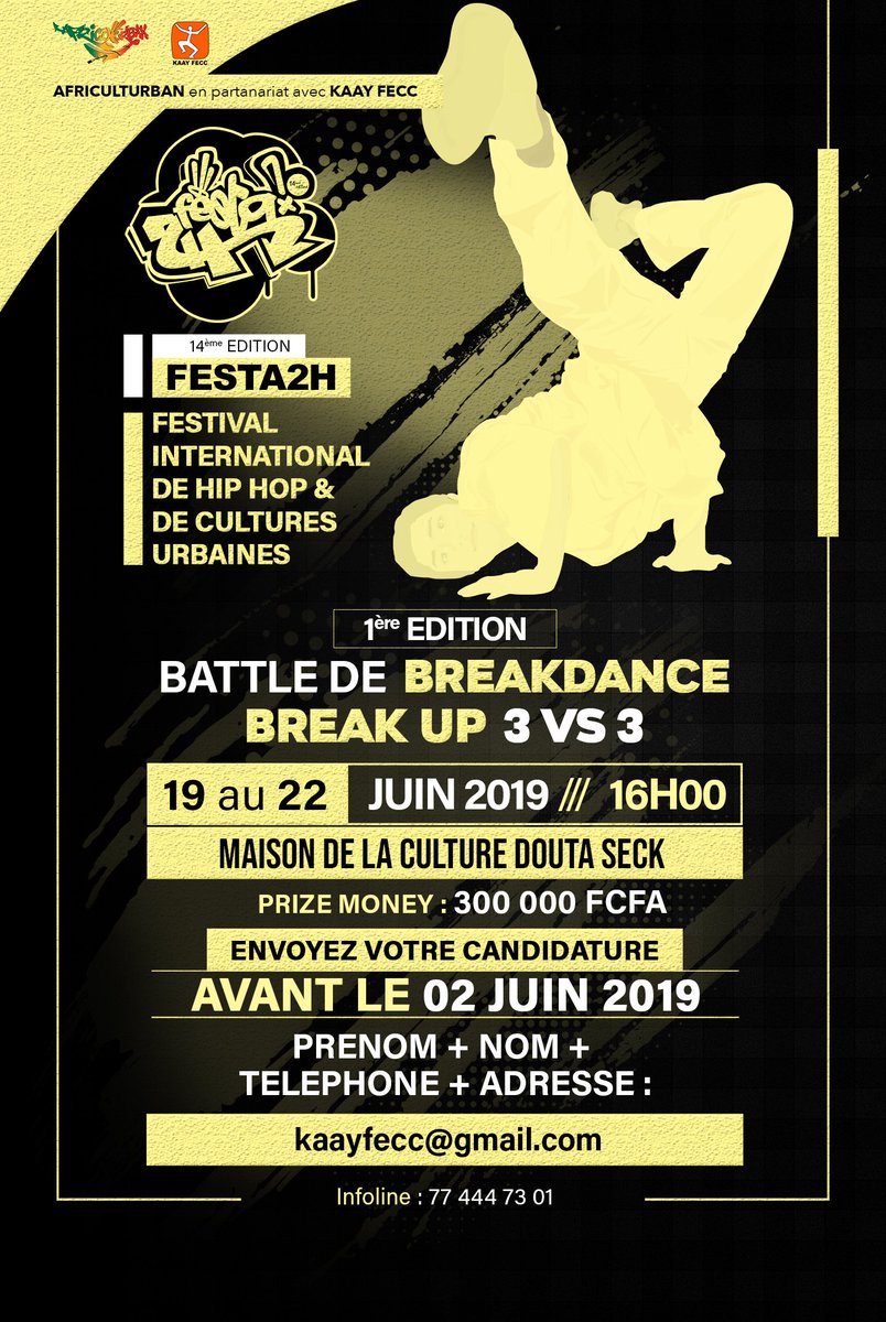 festa2h's tweet photo. Festa2H 19-22 juin
Battle de Breakdance 3VS3 Break Up
En partenariat avec Kaay Fecc
Inscriptions jusqu'au 02 juin https://t.co/pK1Z9tpVb1