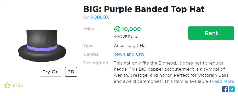 Ivy On Twitter Roblox Just Put The Big Purple Banded Top Hat Up For A Four Hour Rental Do Not Buy It - big head hat roblox image
