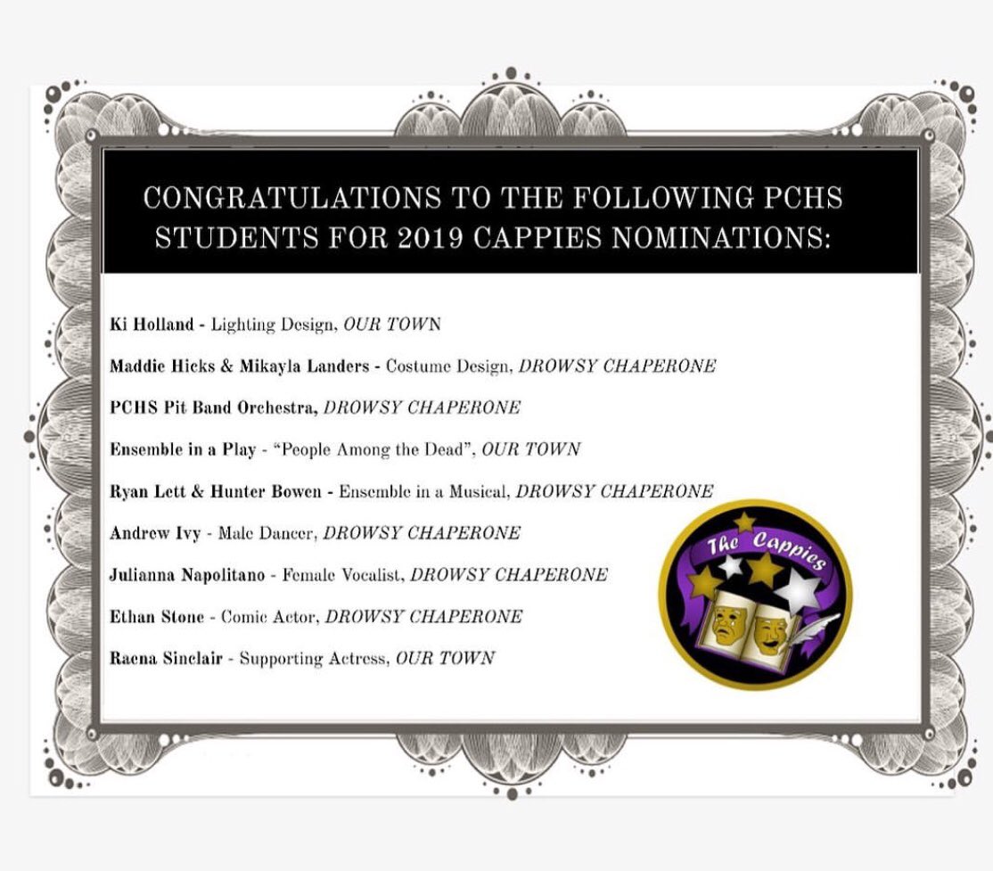 We are so proud of our PCHS Cappies nominees and winners! Congrats to Madison Hicks and Mikayla Landers for your award in Costume Design for The Drowsy Chaperone &amp; to Julianna Napolitiano for your award as Female Vocalist in The Drowsy Chaperone! #pchstheatre #pcr3proud