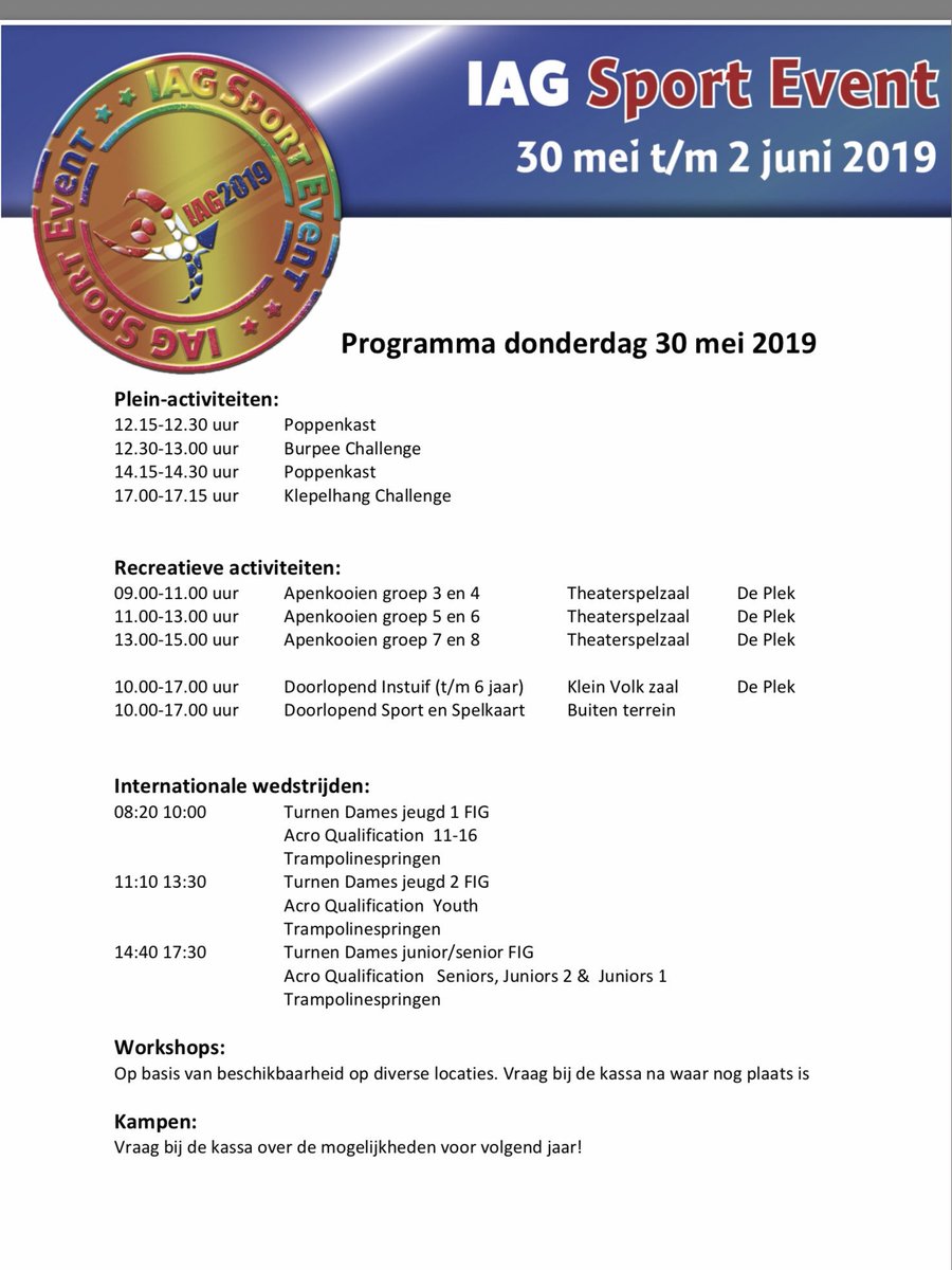 IAG_Sportevent's tweet photo. Internationale wedstrijden, voorstellingen, coachcongres, @wereldgymnaestrada, @nachtvanhetkind , nijntje beweegdag, wipe out, rodeo stier, luchtkussens, foodcourt, your stage, kampen, workshops en nog veel meer @IAG_Sportevent van 30 mei t/m 2 juni Entree 5 euro https://t.co/mvN2QVE5Vv