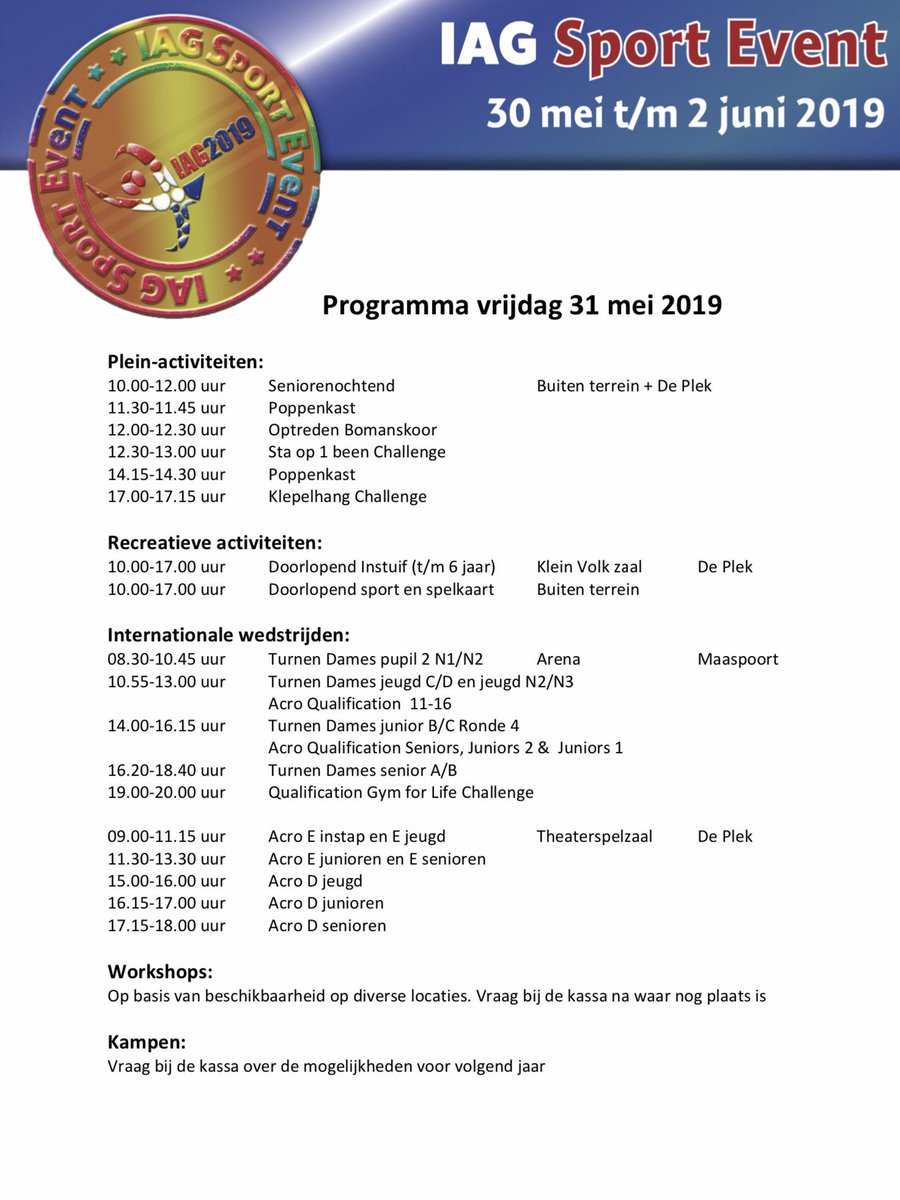IAG_Sportevent's tweet photo. Internationale wedstrijden, voorstellingen, coachcongres, @wereldgymnaestrada, @nachtvanhetkind , nijntje beweegdag, wipe out, rodeo stier, luchtkussens, foodcourt, your stage, kampen, workshops en nog veel meer @IAG_Sportevent van 30 mei t/m 2 juni Entree 5 euro https://t.co/mvN2QVE5Vv