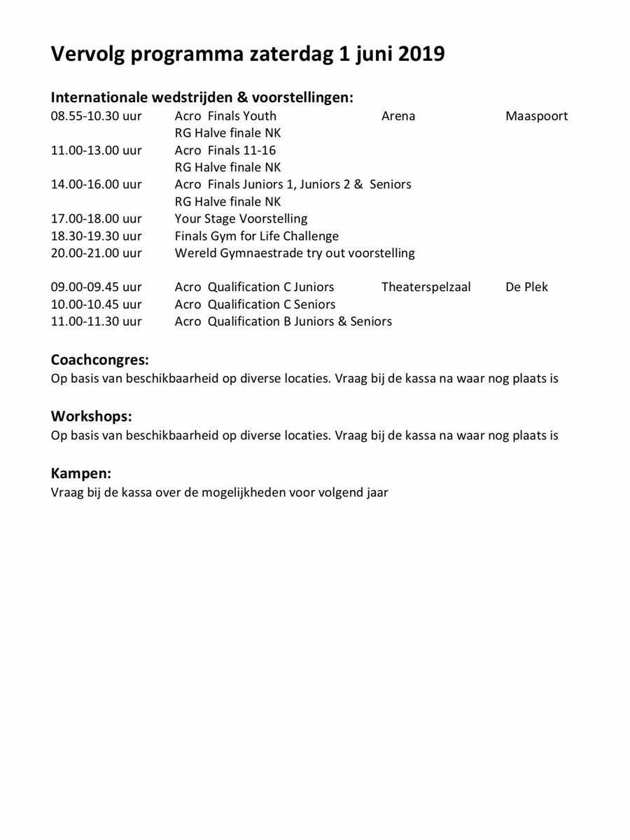 Internationale wedstrijden, voorstellingen, coachcongres, @wereldgymnaestrada, <a href="/nachtvanhetkind/">NachtvanhetKind</a> , nijntje beweegdag, wipe out, rodeo stier, luchtkussens, foodcourt, your stage, kampen, workshops en nog veel meer <a href="/IAG_Sportevent/">IAG Sportevent</a> van 30 mei t/m 2 juni Entree 5 euro