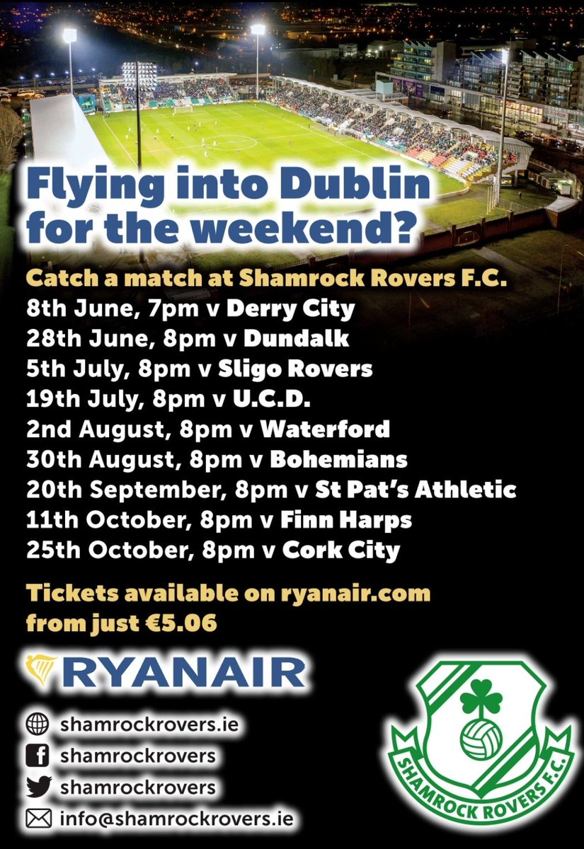 ShamrockRovers's tweet photo. Coming to Dublin for the weekend? Flying @Ryanair? Get your match tickets along with your flight package here https://t.co/zrrRQ3UFJY
#NothingBeatsBeingThere #GroundHoppers #WeekendAway #CeadMileFailte #CatchAMatch https://t.co/Uetrd0Fe4D