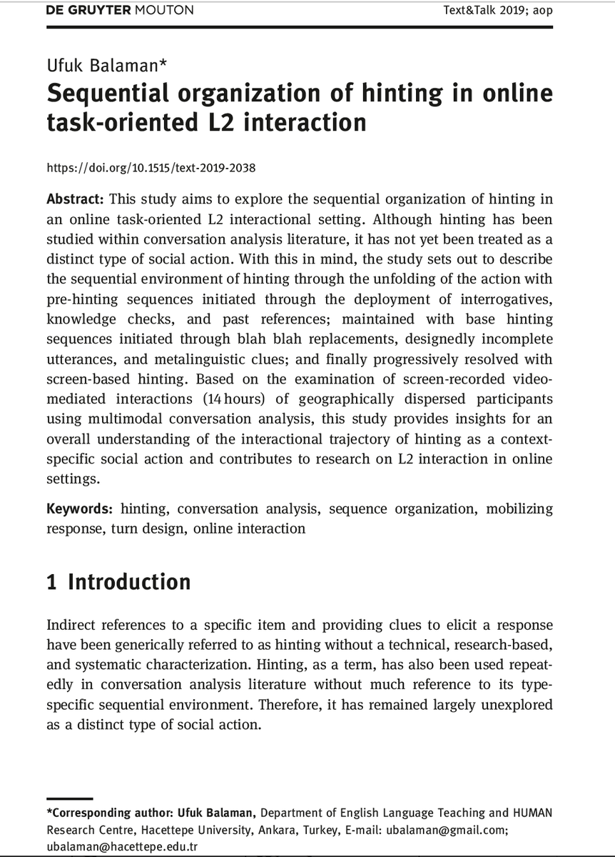 SertOlcay's tweet photo. Fresh from the print by U. Balaman! Sequential organization of hinting in #online #task-oriented #L2 interaction https://t.co/oGSdlcCYfk @ubalaman #proudsupervisor @EMCA_News #CA #SLA #EFL #CALL #ReadBeforeYouMeet #ICOPL2 https://t.co/XmwGwq87d9