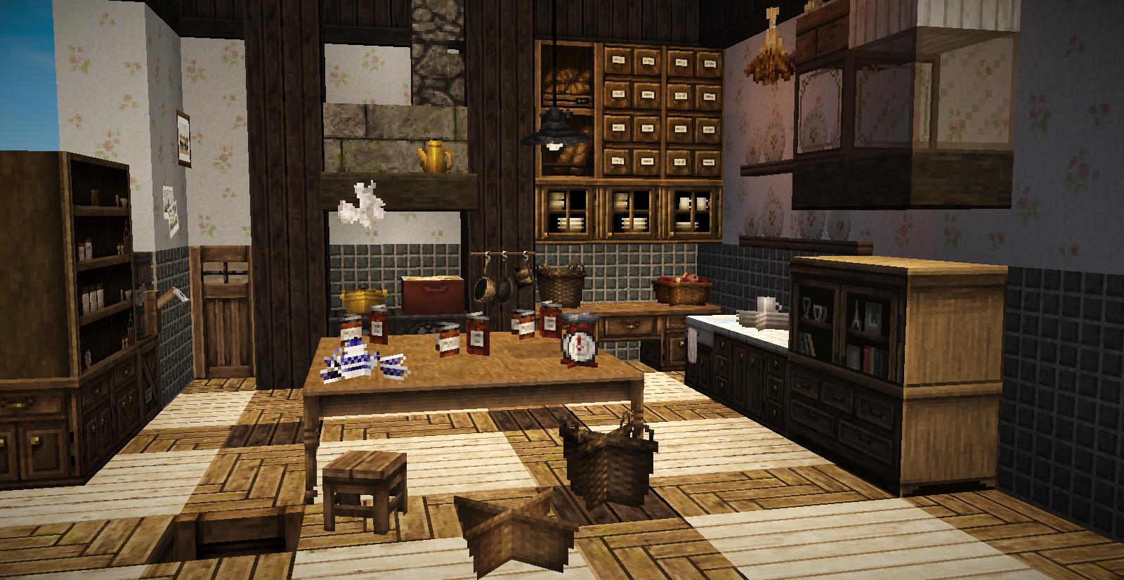 泥まんじゅう マイクラ建築 Muse Syu 作りは実用的なのに 壁紙とか小物で住民の方の雰囲気がうかがえて かわいい キッチンですね 昔 ムーミン家のジャム食べたい って なった記憶ありますｗ T Co Fqirg9lnnc Twitter