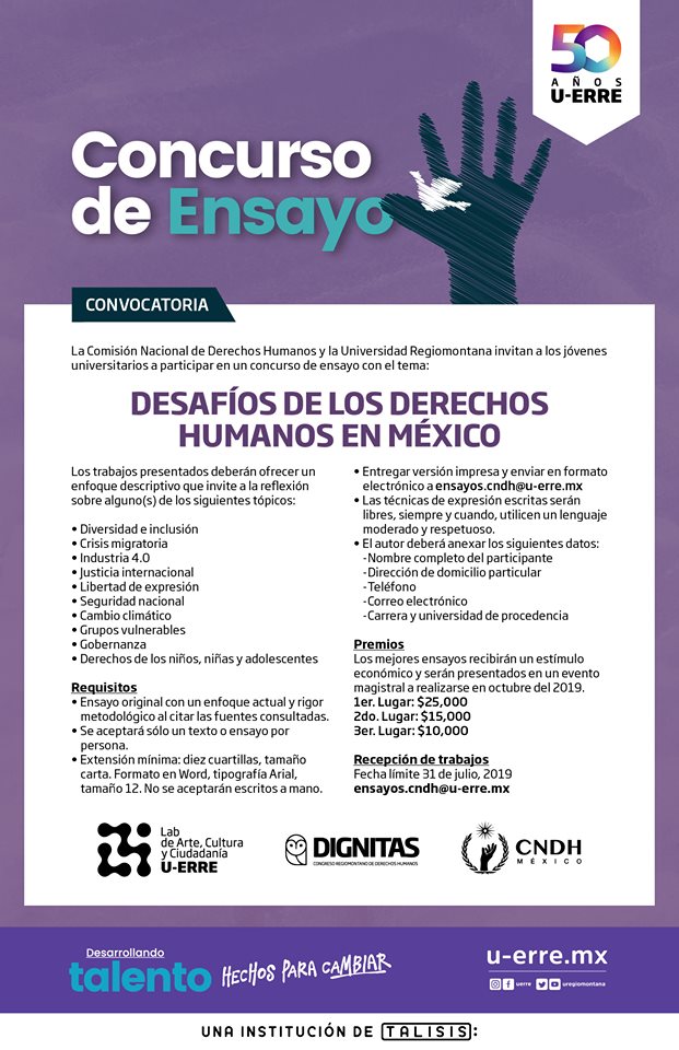 PortalVaiven's tweet photo. Si te gusta escribir y te apasionan los #derechoshumanos ¡tenemos una convocatoria para ti! 🙌 Participa en el concurso de ensayo que organiza la Comisión Nacional de los Derechos Humanos (CNDH) y La Cátedra de Derechos Humanos de la Universidad Regiomontana. https://t.co/Ed2A3zDW0g