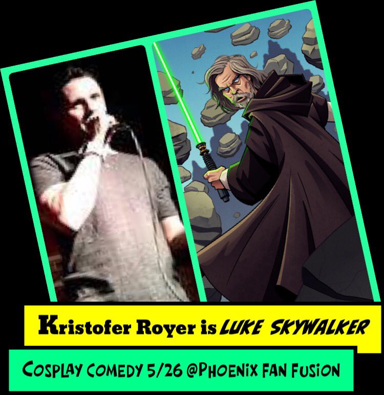 CosplayComedy's tweet photo. I only know one truth: it’s time for the Jedi to LAUGH! Luke Skywalker (@KristoferRoyer) comes to @PhxFanFusion Sunday 1:30 in room North 132! 
#standupcomedy #cosplay #comedy #phoenix #phoenixfanfusion #lukeskywalker #starwars #thelastjedi https://t.co/S1qDV8pmkb