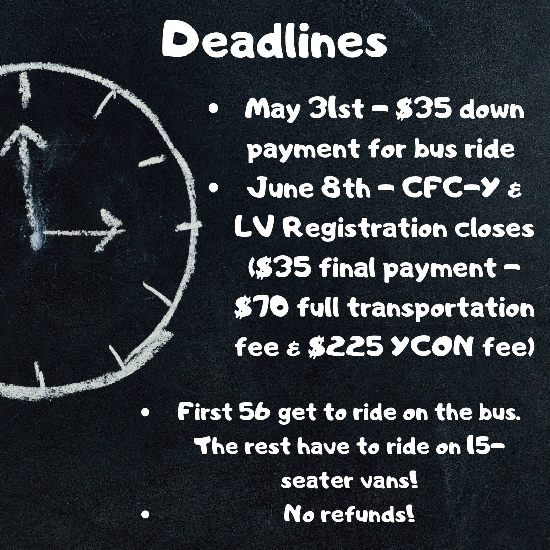 cfcylasvegas's tweet photo. Hey brothers and sisters! Here’s the YCON information! Please remember to complete both registrations!! Have a great summer and hope to see y’all there!❤️🙏🏽 https://t.co/kVLwGoHPp3