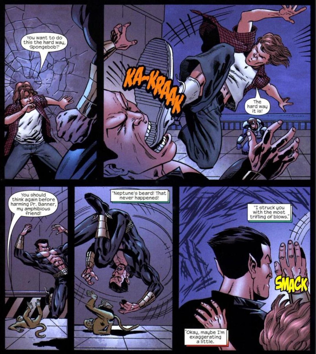 ImperiusWrecked's tweet photo. Rick Jones in Marvel Adventures Hulk (2007) 6 is amazing. Yes that is Bruce chained up before Namor's throne in the last panel. #namor #marvelcomics #subbytalks https://t.co/YqYND5Au6H