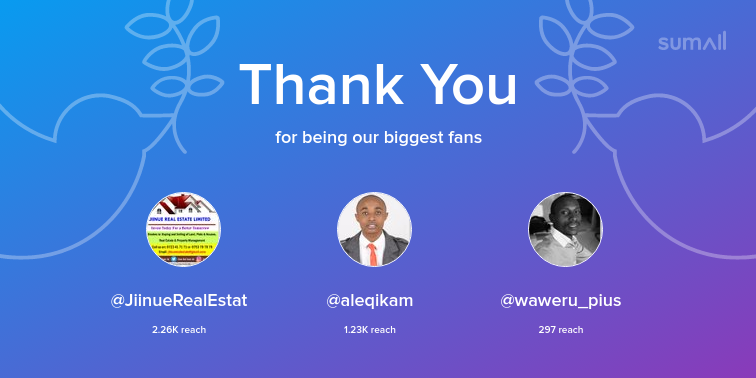 M_KEJA's tweet photo. Our biggest fans this week: JiinueRealEstat, aleqikam, waweru_pius. Thank you! via https://t.co/6SzUsnvfel https://t.co/TAO7KcdcEw