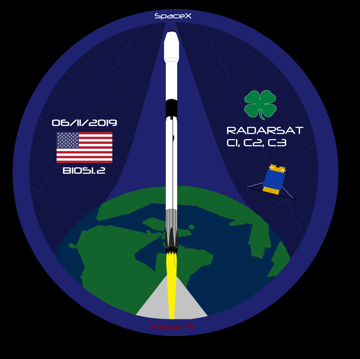 Falcon9Block5's tweet photo. Who's gearing up for @elonmusk @SpaceX's @csa_asc Radarsat C1, C2, C3 mission going up on June 11? I am! Check out this custom made mission patch I made for the mission! #SpaceX #GoFalcon9 #Radarsat It's not finished and I'll be tweaking it but this is close to the final product. https://t.co/AJBus2TdhP