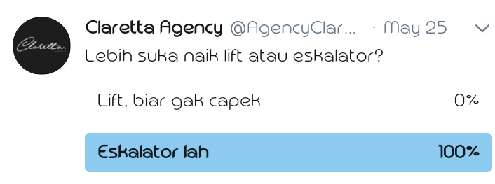 AgencyClaretta's tweet photo. Kalo untuk eskalatir dan lift, rata rata temen temen itu #teameskalator wihh keren keren https://t.co/2GlYhSyH0y