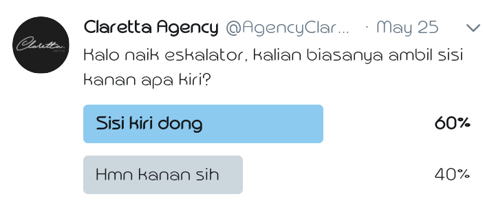 AgencyClaretta's tweet photo. Dan hasil poling terakhir, temen temen lebih suka naik eskalator di sisi kiri https://t.co/6yiJn69FQw