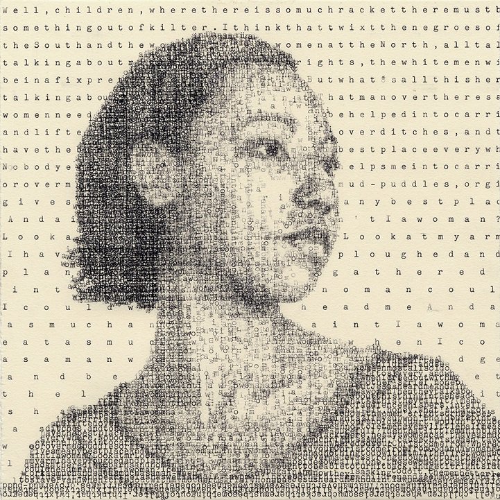 womensart1's tweet photo. Leslie Nichols Tiffany, Tiffany (Truth 1851), 2015, artist who creates her work on a manual typewriter, such as this portrait, which uses the words of Sojourner’s Truth’s 1851 one speech “Ain’t I a Woman?” #womensart https://t.co/eMtCkFxt81