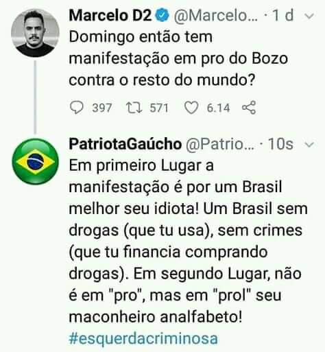 Bacana_EF's tweet photo. @Marcelodedois o grande problema de nosso País são idiotas e maconheiros ,sem cultura como voce , que pensam saber de tudo , mas no fundo no fundo , não sabem é de nada , nem se quer o que estão fazendo aqui !
#Bolsonato @jairbolsonaro Presidente !
Ah , e não é ladrão ! https://t.co/tUQWeSwFol