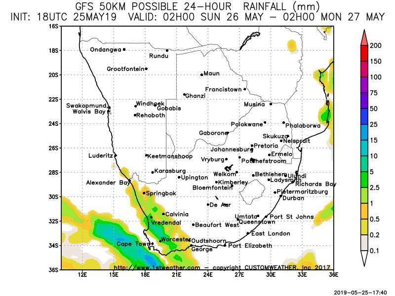 Your Sunday morning #GFS Rainfall Estimate Outlook for South Africa today (2019-05-26) - Acknowledgment: CustomWeather. Have a great Sunday  :) Get Weather On Your Mobile at sawx.co.za #southafricanweather #saweather #sawx #rainfall #rain #forecast