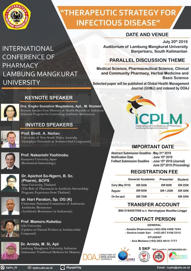 ICPLM_2019's tweet photo. Farmasi Universitas Lambung Mangkurat mempersembahkan
International Conference of Pharmacy Lambung Mangkurat Unversity (ICPLM) dengan tema "Therapeutic Strategy for Infectious Disease"
Akan diselenggarakan  tanggal 20 Juli 2019 di  Auditorium Universitas Lambung Mangkurat https://t.co/p3Kjb4hcLN