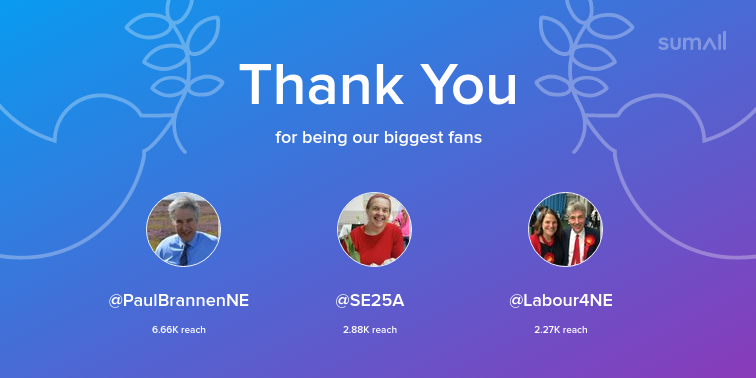 PoliticsTosser's tweet photo. Our biggest fans this week: PaulBrannenNE, SE25A, Labour4NE. Thank you! via https://t.co/7tXHioM0i0 https://t.co/3t0jkIA4Cw